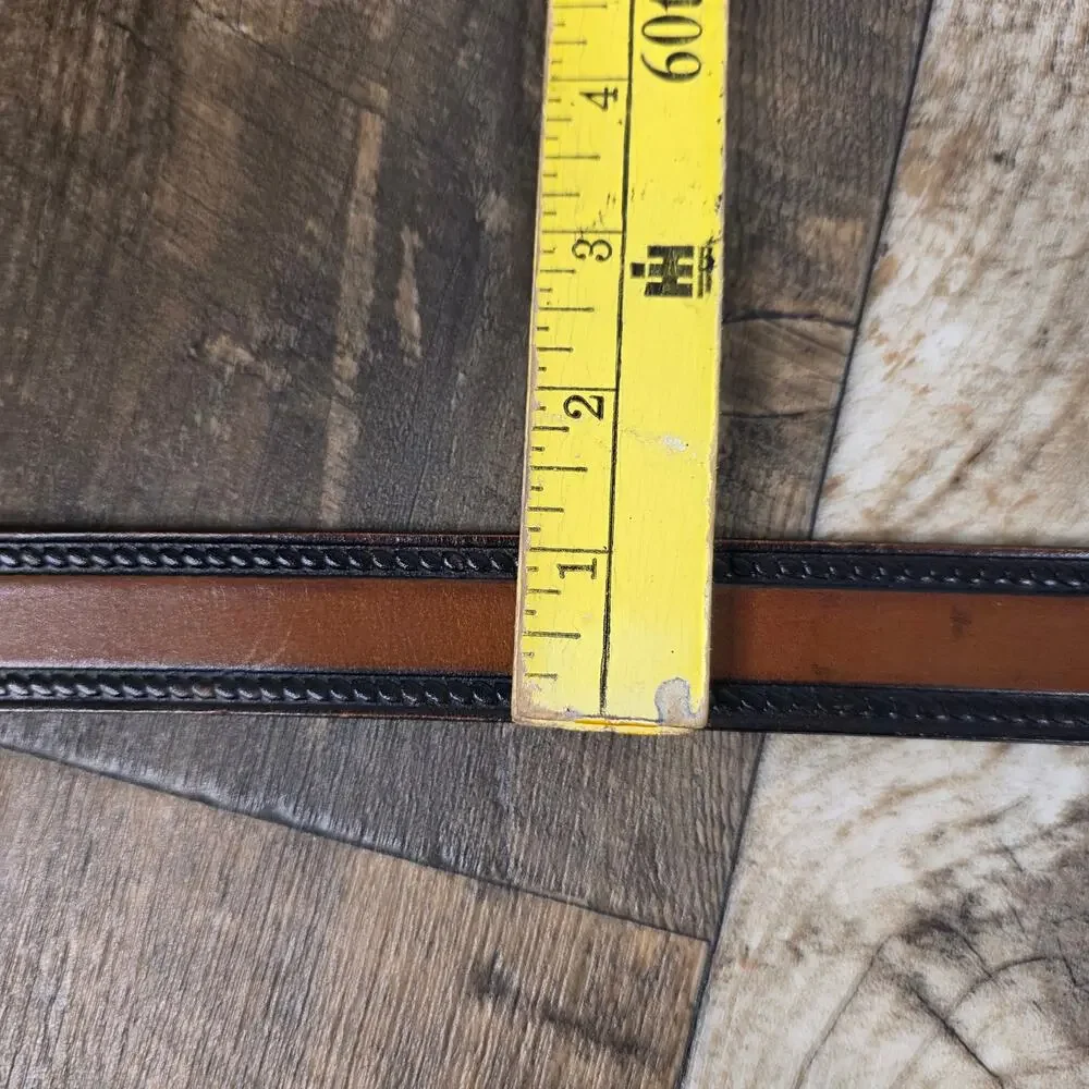 Vintage 80s BTS Leather Belt Brown Black Tooled Western Solid Brass Buckle